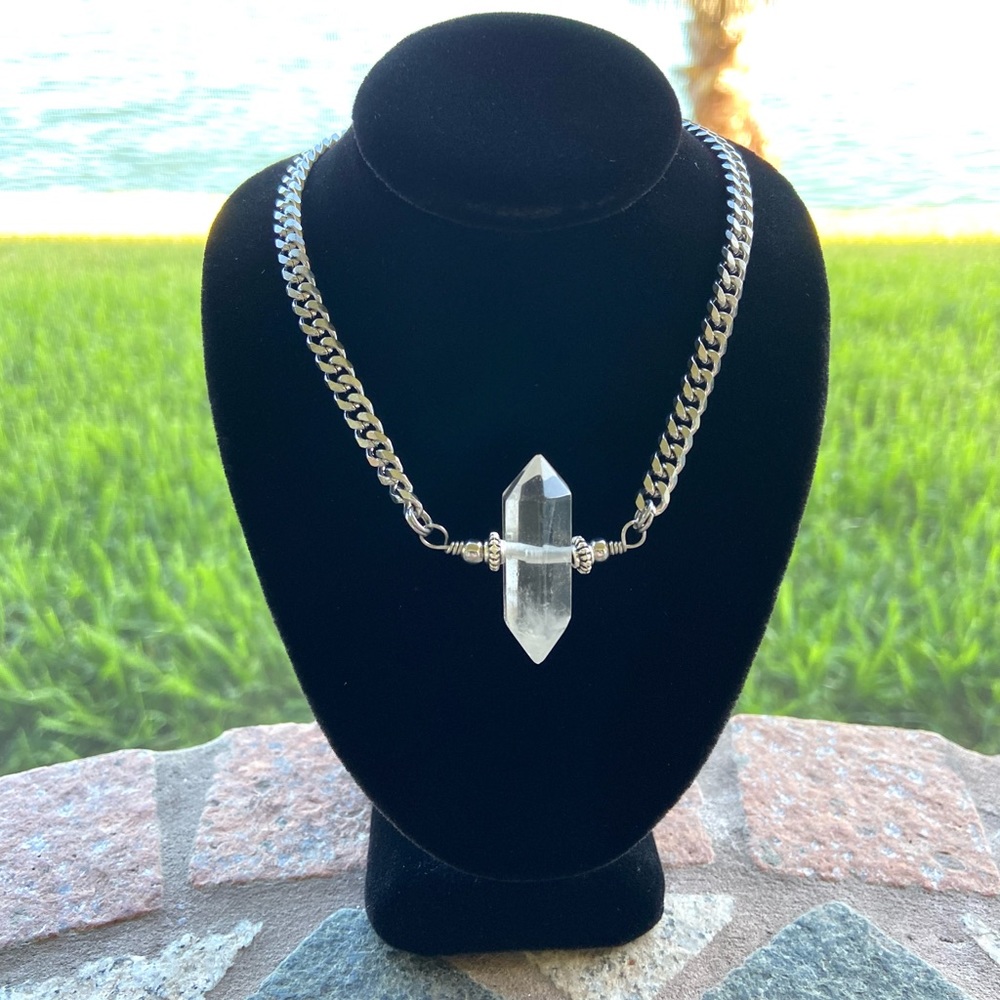 MEDIUM Double point crystal . Natural stone crystals boho stainless steel chain